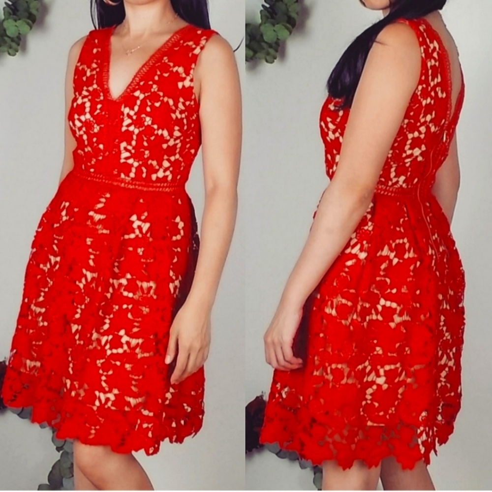STUNNING red lace AYLA dress nude xs retail $179